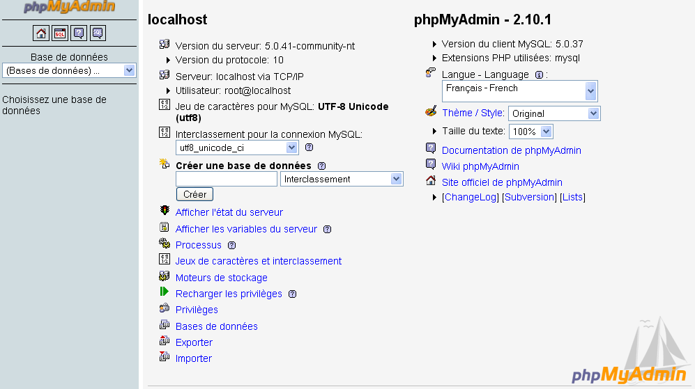 PHPMyAdmin : Ecran d'accueil